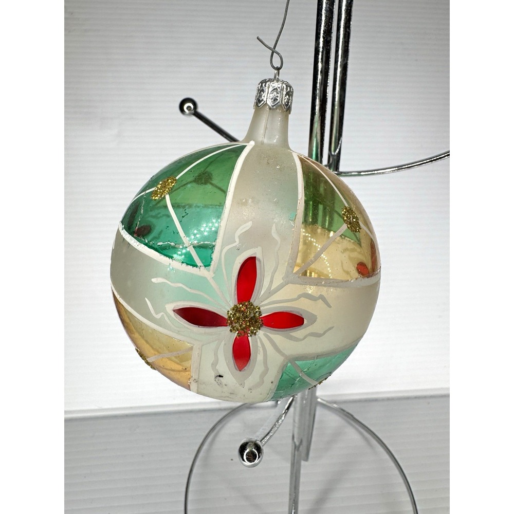Vintage Poland Glass Christmas Ornament Poinsettia Green Gold 4.5" Large